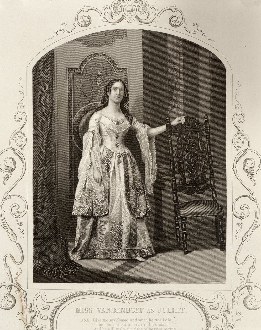 Miss Vandenhoff come Giulietta, Atto III Scena 1 di Romeo e Giulietta, da un dagherrotipo, pub. da John Tallis & Co. da English School