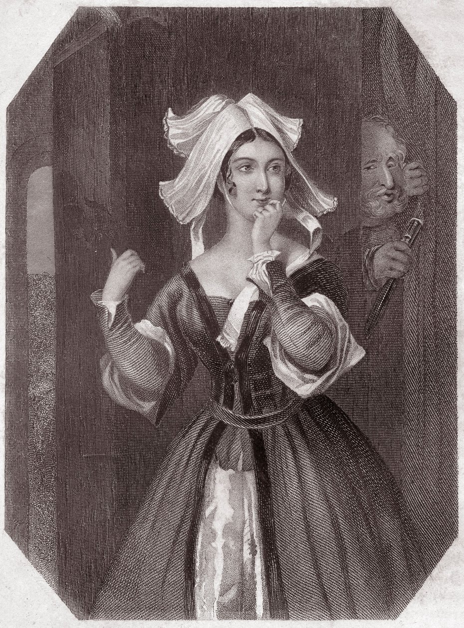 Mistress Page (Le allegre comari di Windsor) in - "Galleria delle donne di Shakespeare, collezione di quarantacinque ritratti seri dei primi artisti londinesi, arricchita di avvisi critici e letterari" circa 1838 - da "Galleria delle donne di Shakespeare,  da English School