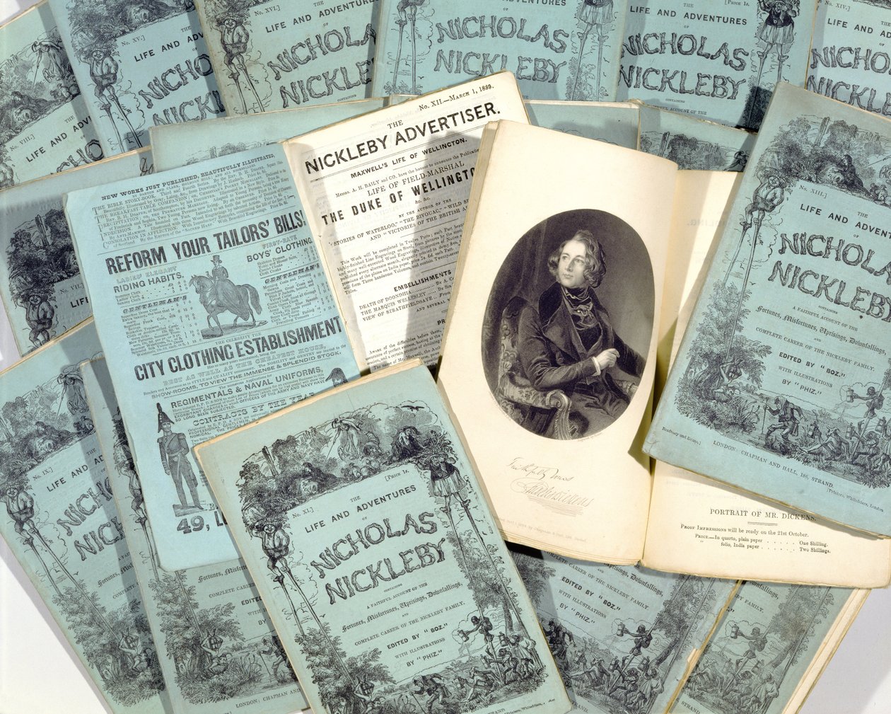 Pubblicazioni mensili di La vita e le avventure di Nicholas Nickleby di Charles Dickens, pubblicato nel 1839 da English School