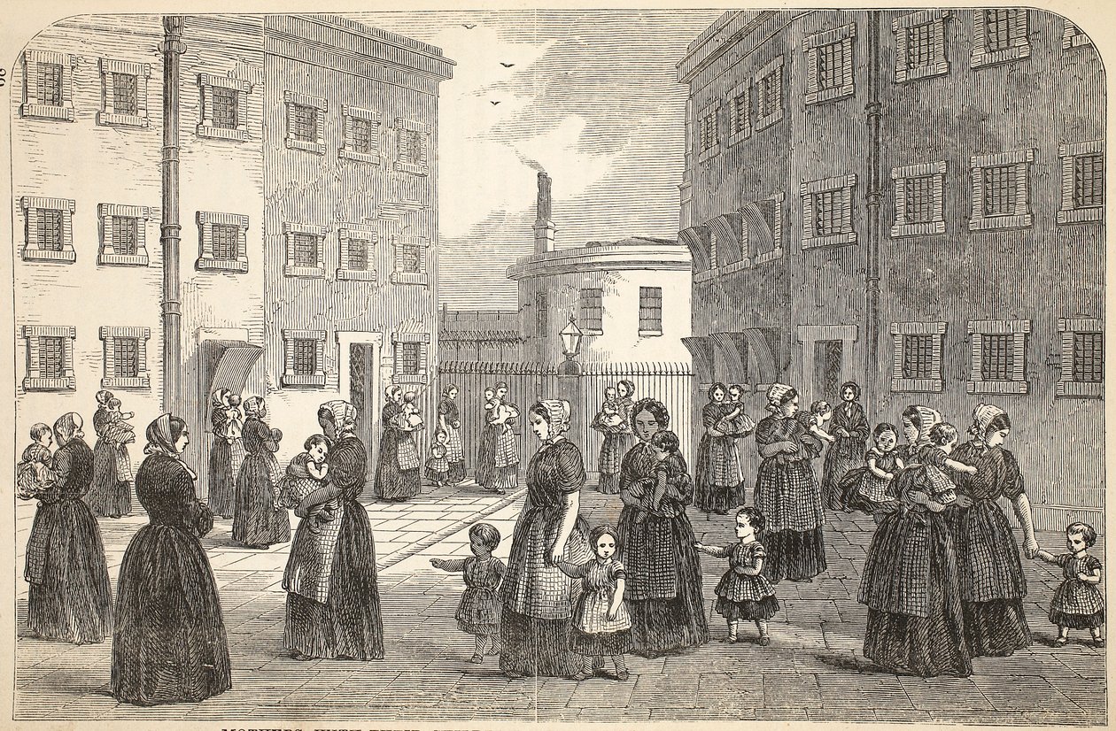 Madri, con i loro bambini, che si esercitano alla prigione di Tothill Fields, illustrazione da The Criminal Prisons of London and Scenes from Prison Life di Henry Mayhew e John Binny, pub. 1862 da English School