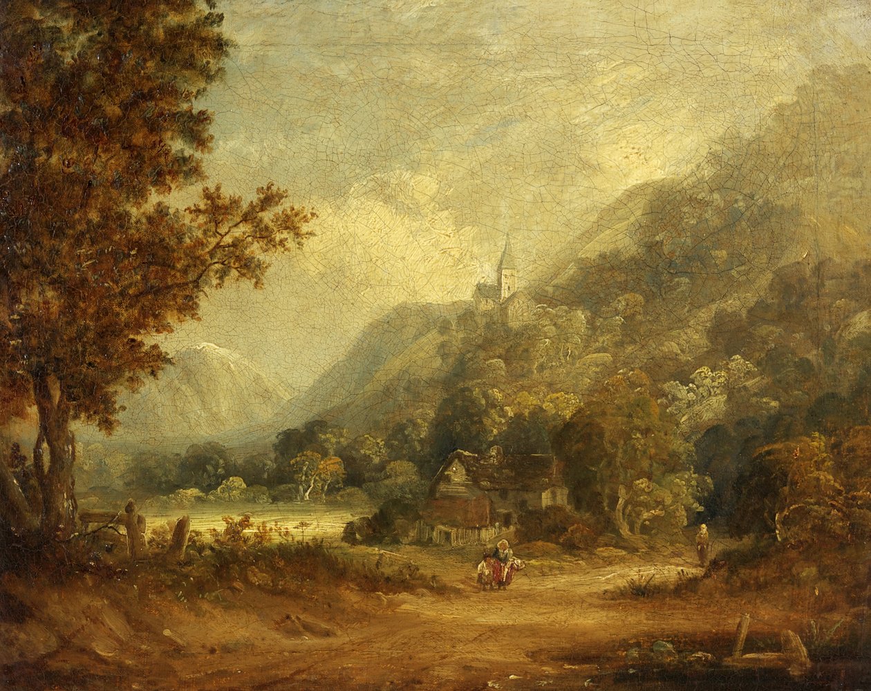 Scena di montagna con chiesa e fattoria da English School