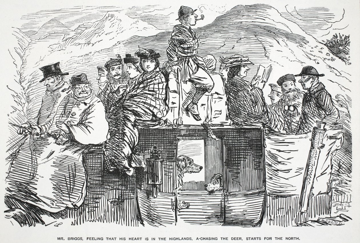 Mr. Briggs, sentendo che il suo cuore è nelle Highlands, a caccia del cervo, parte per il Nord, illustrazione da Punch da English School