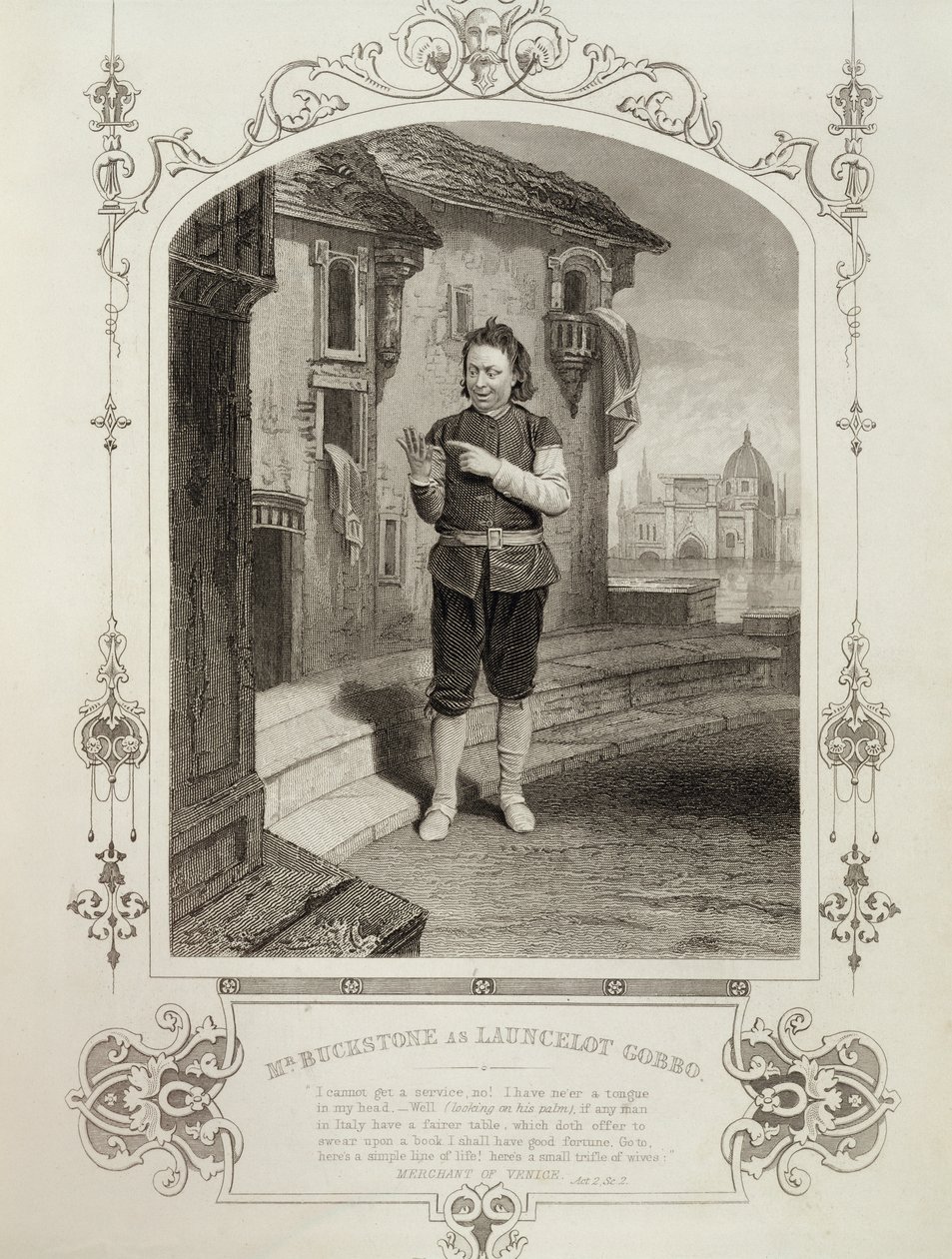 Mr Buckstone come Lancelot Gobbo, Atto II Scena 2, in Il mercante di Venezia di William Shakespeare (1564-1616) da English School