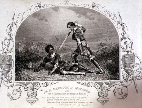 Mr. H. Marston come Hotspur e Mr. F. Robinson come Principe Enrico, Atto V Scena 4 da Enrico IV (Parte I) da un dagherrotipo di Paine di Islington, pub. da John Tallis & Co. (litografia) da English School
