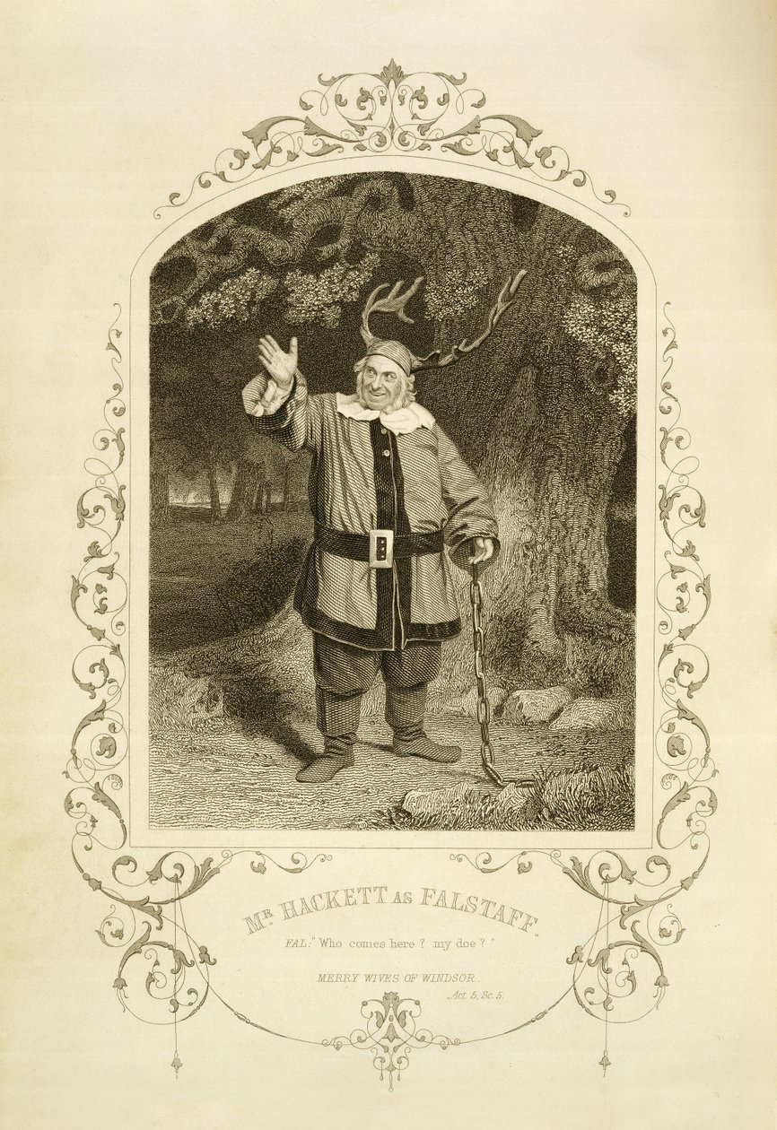 Mr Hackett come Falstaff, Atto V Scena 5, ne Le allegre comari di Windsor di William Shakespeare (1564-1616) inciso da George Hollis (1792-1842) da un dagherrotipo di J.P. Mayall (1810-1901) (incisione) da English School