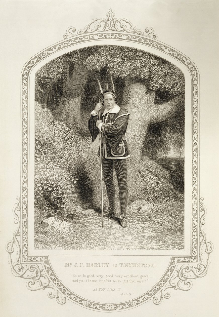 Mr J.P. Harley come Touchstone, Atto V Scena 1, in Come vi piace di William Shakespeare (1564-1616) inciso da George Hollis (1792-1842) da un dagherrotipo di J.P. Mayall (1810-1901) da English School