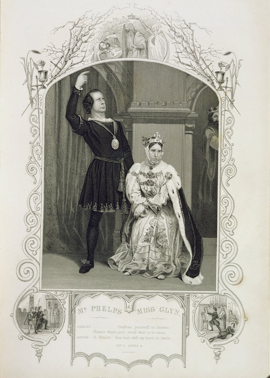 Mr Phelps come Amleto e Miss Glyn come Regina Gertrude, Atto III Scena 4, in Amleto di William Shakespeare (1564-1616) da English School
