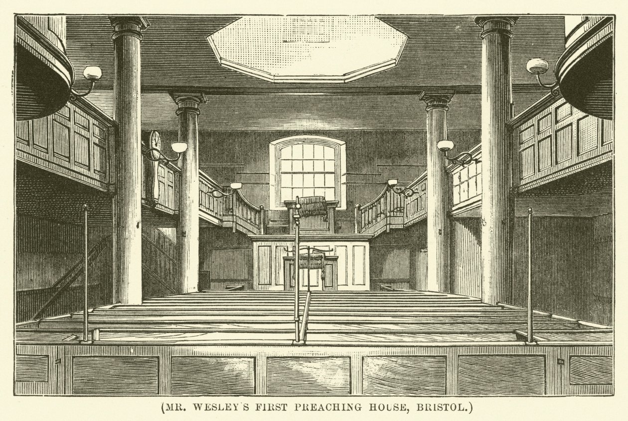 La prima casa di predicazione del signor Wesley, Bristol (incisione) da English School