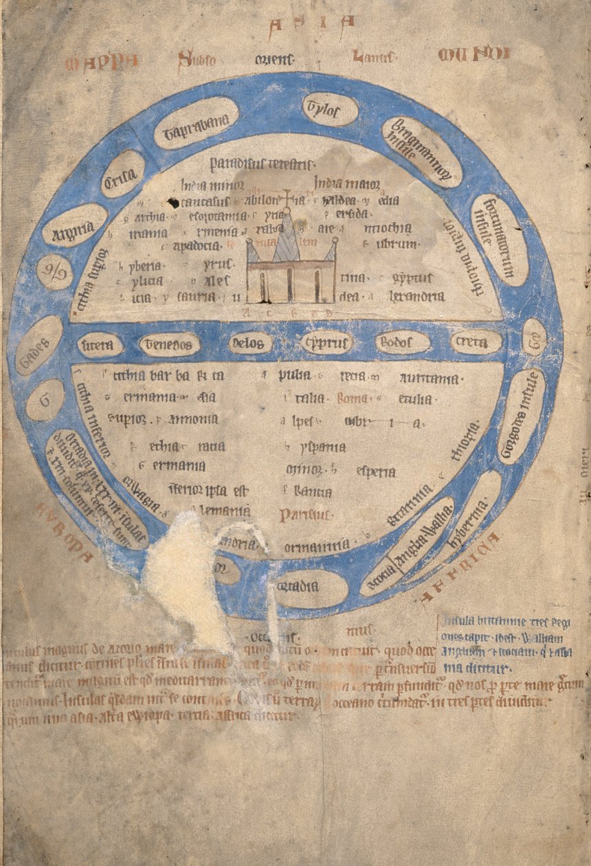 Ms 254, f.1v: Mappa Mundi, da un Bestiario, c.1200-30 da English School