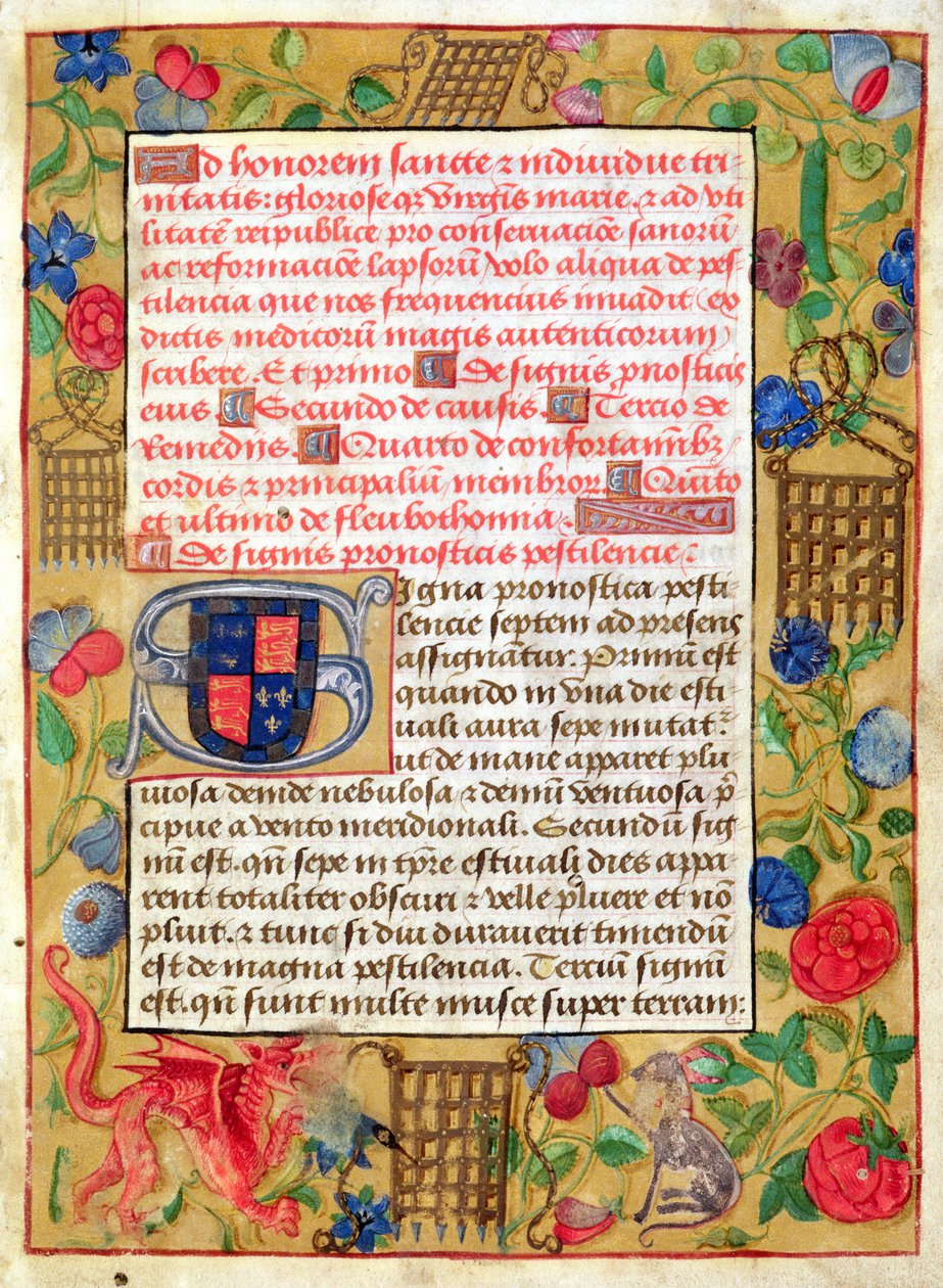 Ms 261 fol.1r Pagina da una raccolta di trattati sulla peste in latino e inglese, c.1500 da English School
