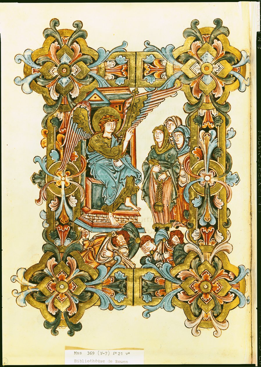 Ms 369 fol.21v Le Sante Donne al Sepolcro, dal Pontificale di Winchester, fine X - inizio XI secolo da English School