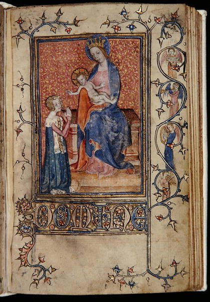 Ms 48, f.86r: Il proprietario del manoscritto che prega la Vergine e il Bambino, dalle Ore di Carew-Poyntz, Uso di Sarum, c.1390-1400 da English School