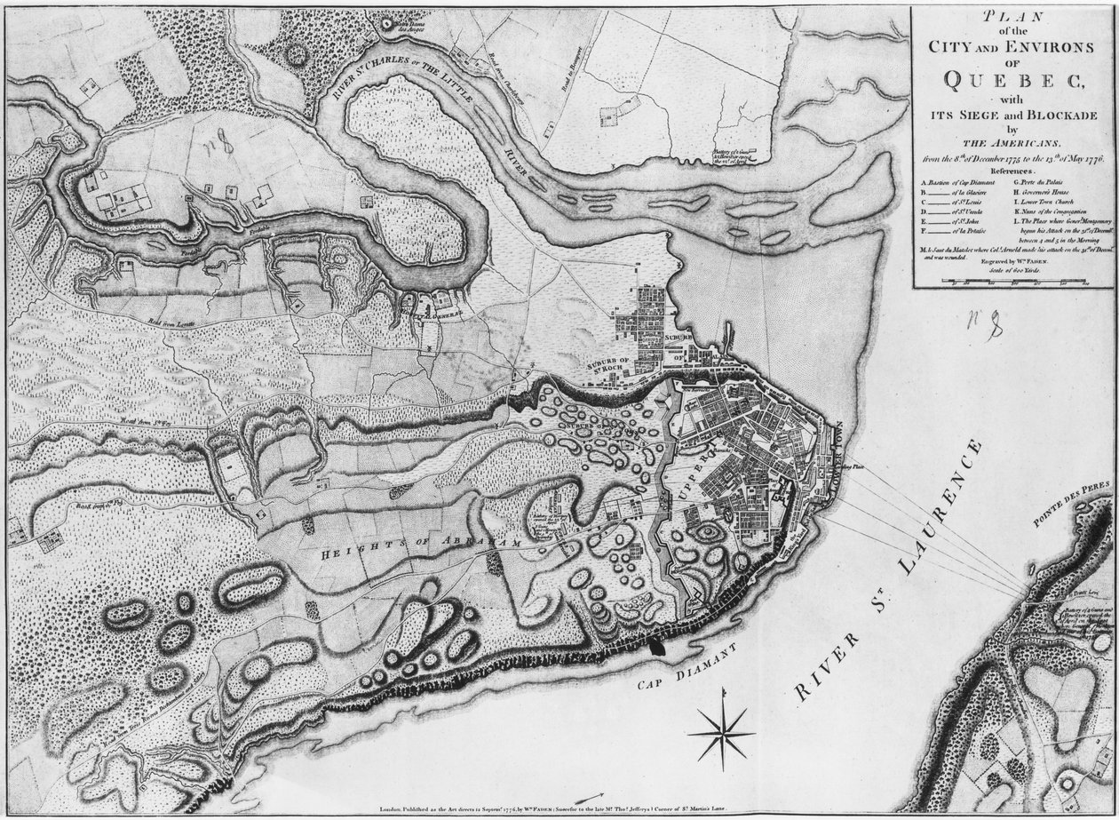 Ms A 224 f.8 Mappa della città e dintorni di Quebec con il suo assedio e blocco da parte degli americani, illustrazione dall