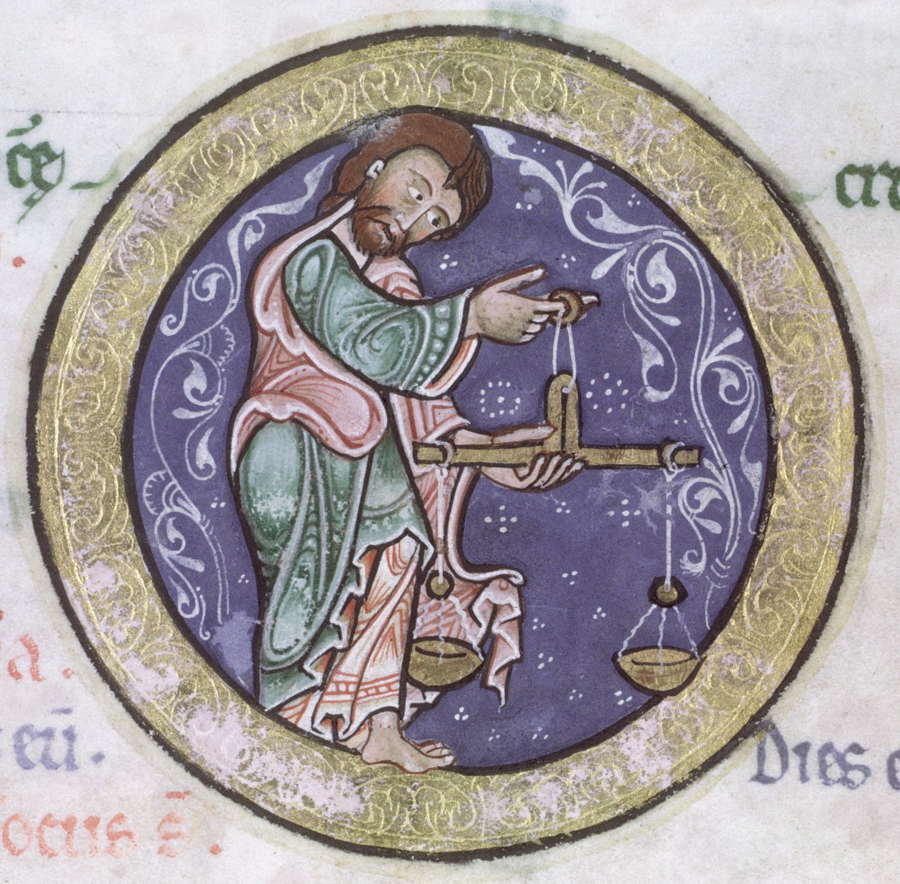 Ms Hunter 229 f.5r Libra, dal Salterio Hunteriano, c.1170 (penna e inchiostro e tempera su pergamena) (dettaglio) da English School