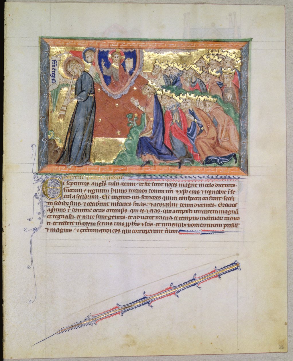 Ms L.A. 139-Lisboa fol.28 Il 7° angelo che suona la tromba e i 24 Anziani che adorano Dio, dall