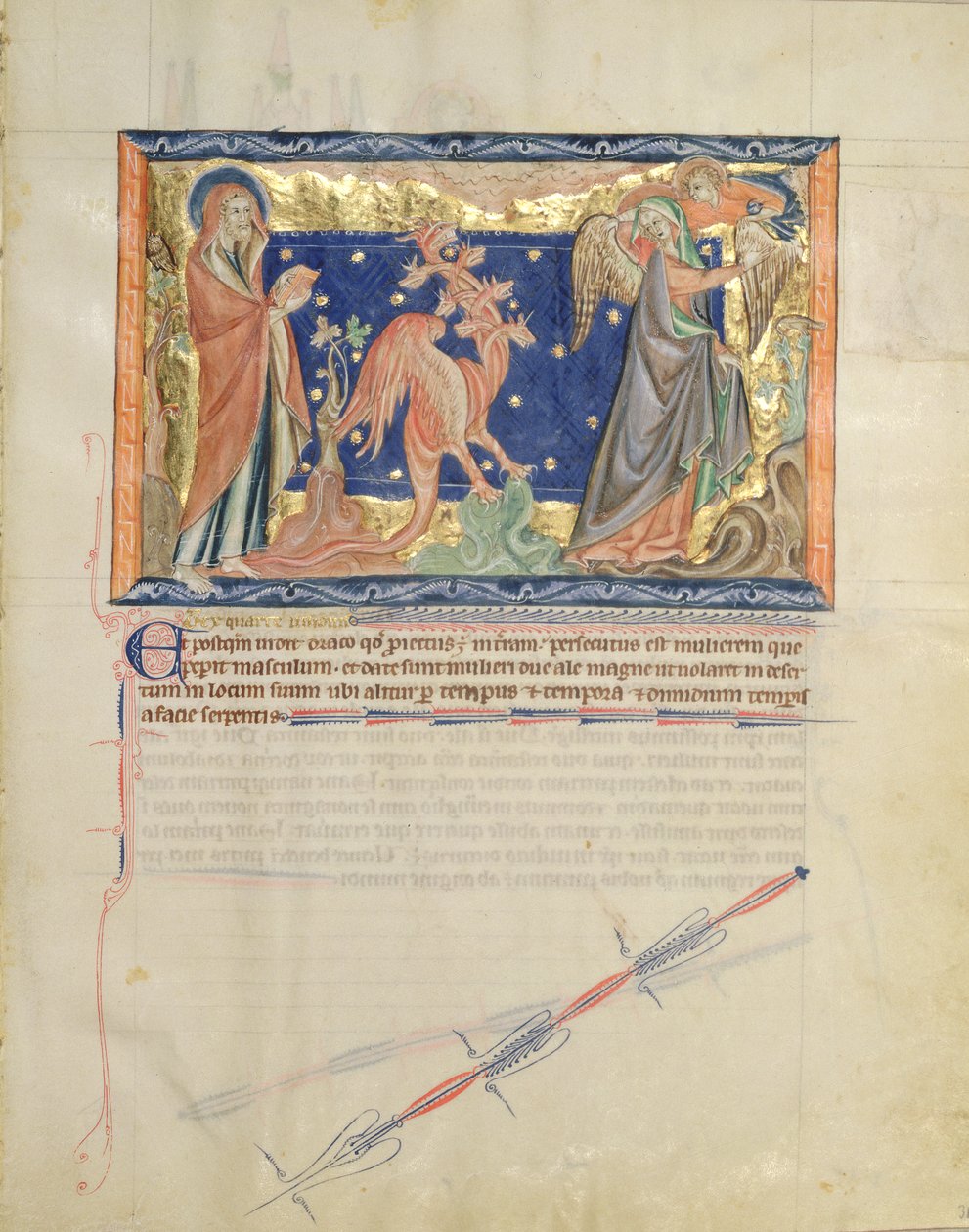 Ms L.A. 139-Lisboa fol.31 San Giovanni che osserva un angelo aiutare la donna a fuggire dal drago rosso, dall