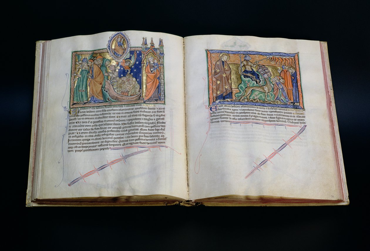 Ms L.A. 139-Lisboa fol.37v-38 La bestia che bestemmia il nome di Dio e il popolo che adora la 3ª e la 2ª bestia, dall