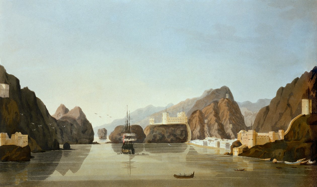 Veduta del porto di Muscat con una fregata britannica all