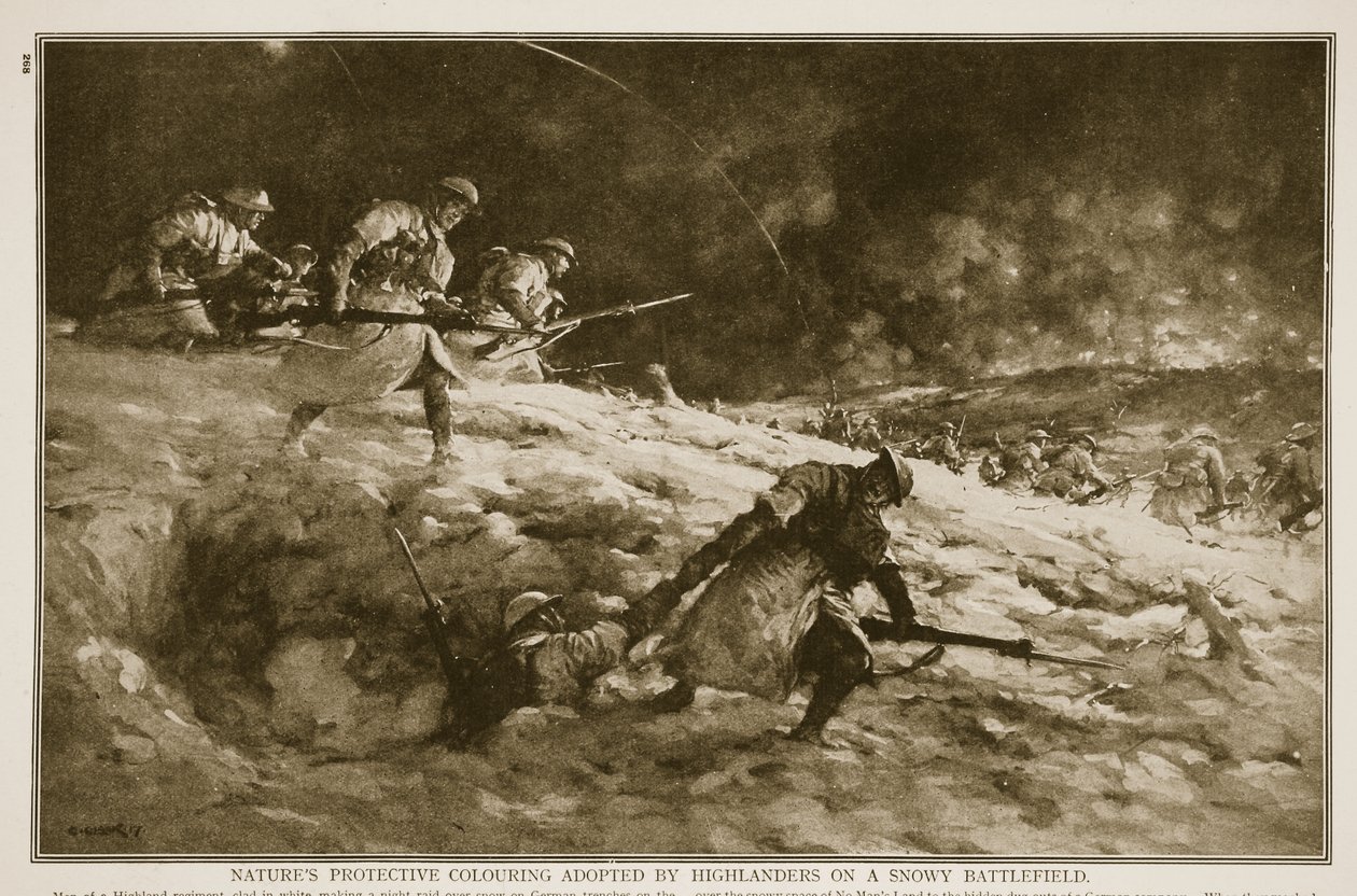 Colorazione protettiva naturale adottata dagli Highlander su un campo di battaglia innevato, 1914-19 da English School