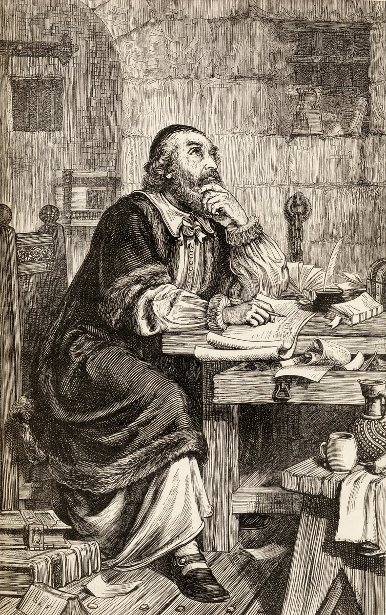Nicholas Ridley scrive lettere in prigione in attesa della sua esecuzione, c.1865 da English School