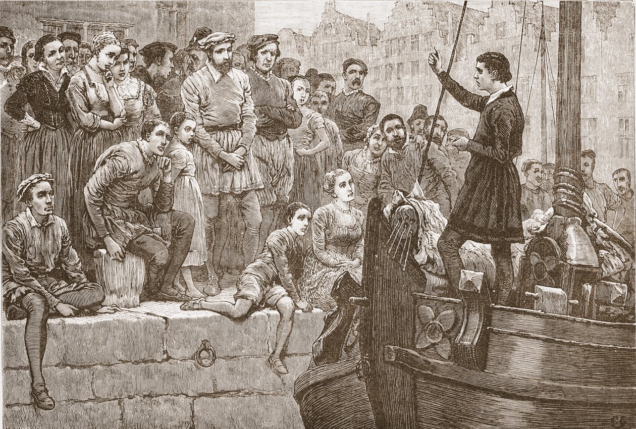 Nicola che predica alla folla da una barca sul fiume Schelda, illustrazione da La storia del protestantesimo di James Aitken Wylie, pub. 1878 da English School