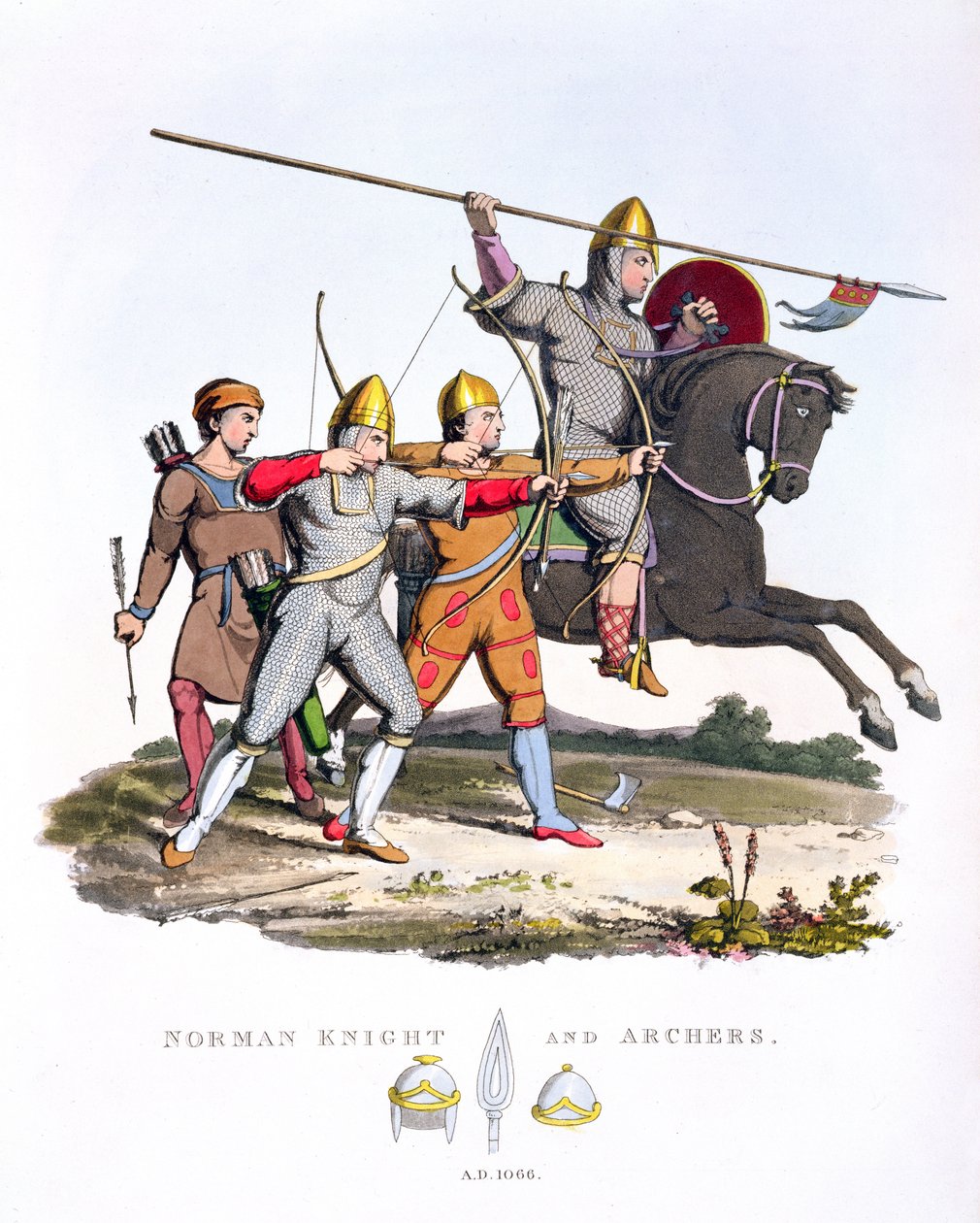 Cavaliere Normanno e Arcieri, 1066, da Antiche Armature di Samuel Rush Meyrick, 1824 da English School