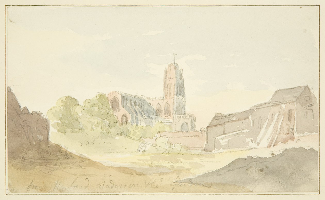 Vista nord-est di St Mary Redcliffe dal Giardino Harford Anderson da English School