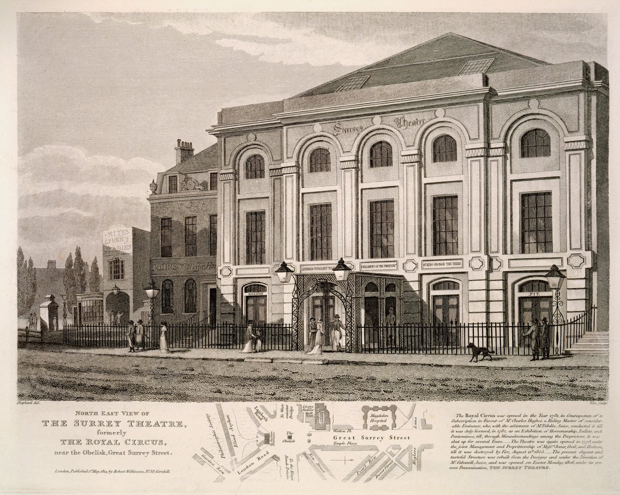 Veduta nord-est del Surrey Theatre, precedentemente The Royal Circus vicino all