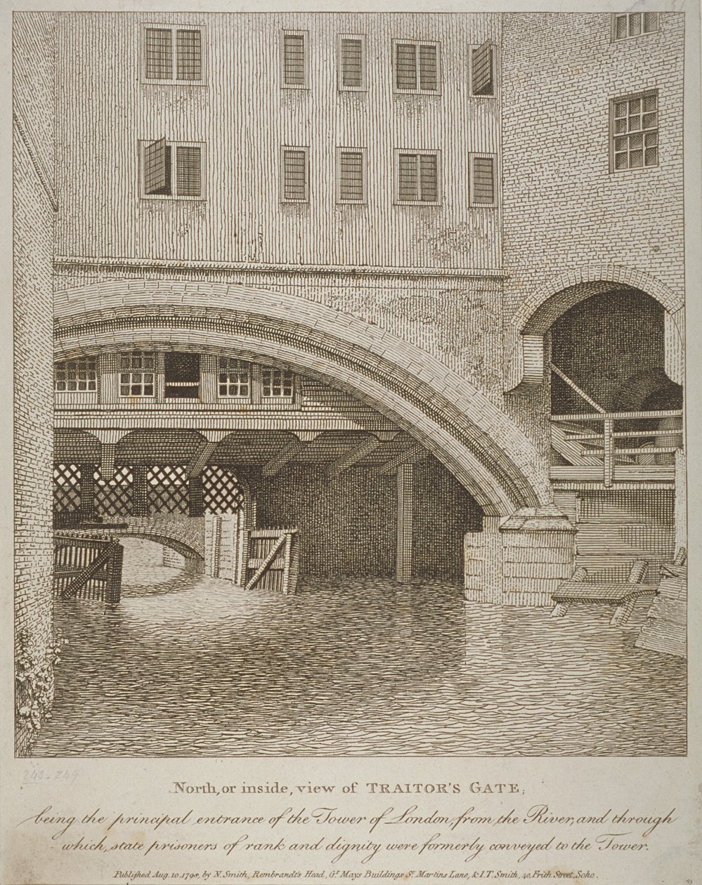 Vista nord della Porta dei Traditori, Torre di Londra, pubblicata da Nathaniel Smith, 1798 da English School