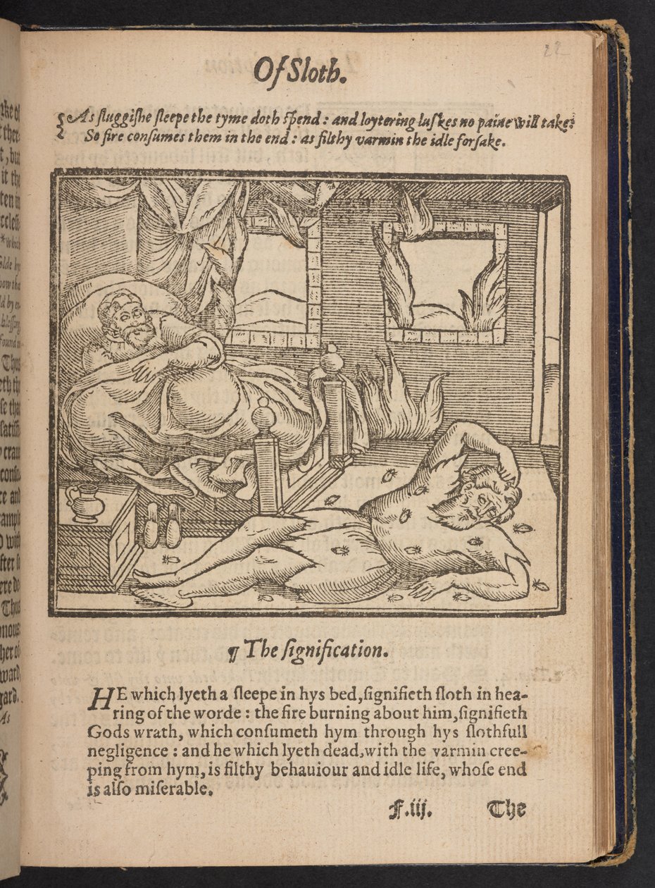 Di accidia", da "A christall glasse of Christian reformation, wherein the godly maye beholde the coloured abuses vsed in this our present tyme", di Stephen Batman da English School