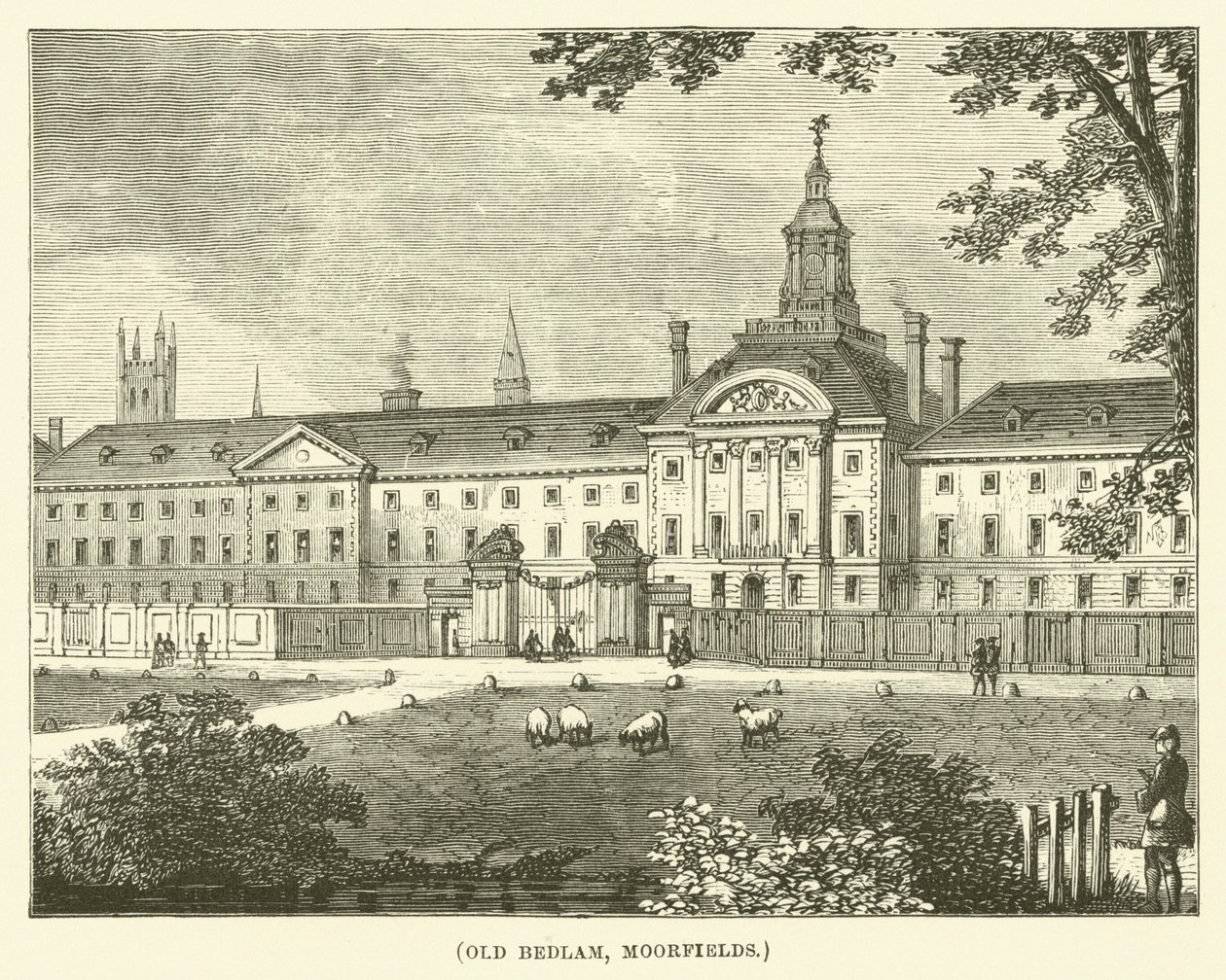 Old Bedlam, Moorfields (incisione) da English School