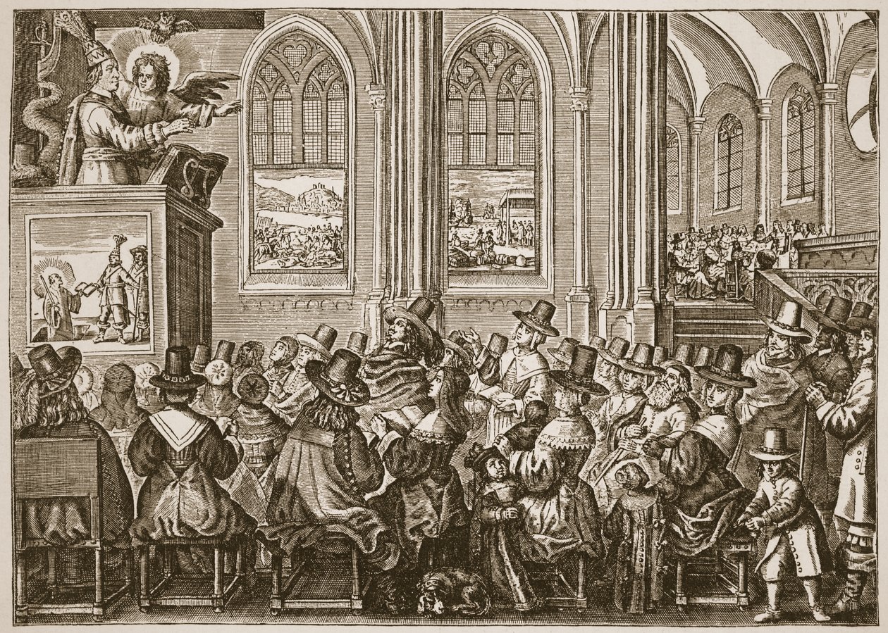 Oliver Cromwell che predica a una congregazione puritana, illustrazione da The Church of England: A History for the People di H.D.M. Spence-Jones da English School