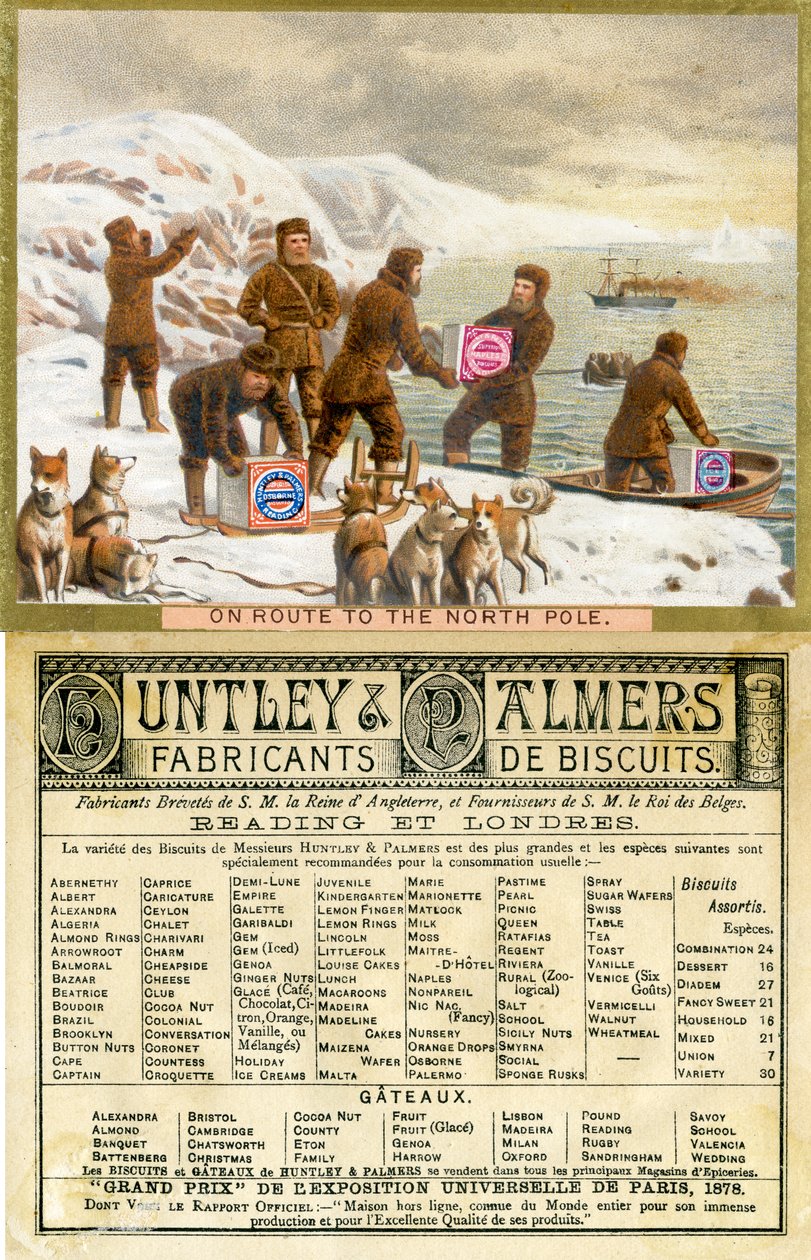 In rotta verso il Polo Nord, fronte e retro di una carta promozionale per i biscotti Huntley & Palmers, prodotta per il mercato francese, 1890 da English School