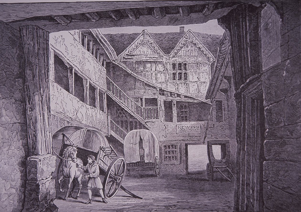 Stalliere che si prende cura del cavallo nel cortile del New Inn, Gloucester da English School