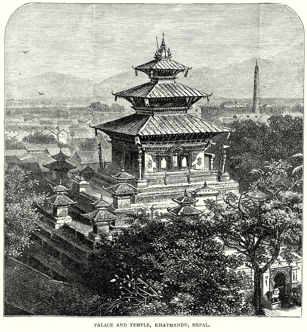 Palazzo e tempio, Khatmandu, Nepal (incisione) da English School