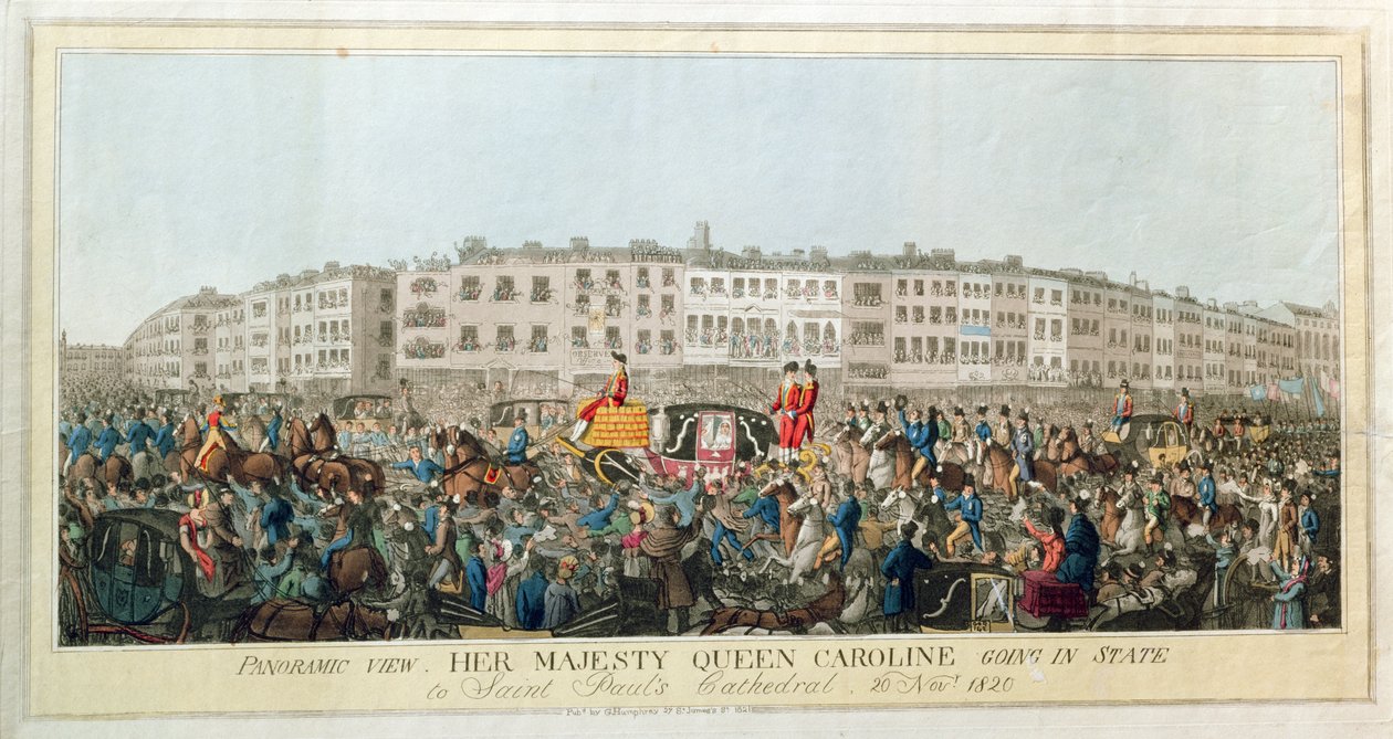 Vista panoramica. Sua Maestà la Regina Carolina in stato alla Cattedrale di St. Paul, 20 novembre 1820, pub. 1821 da English School