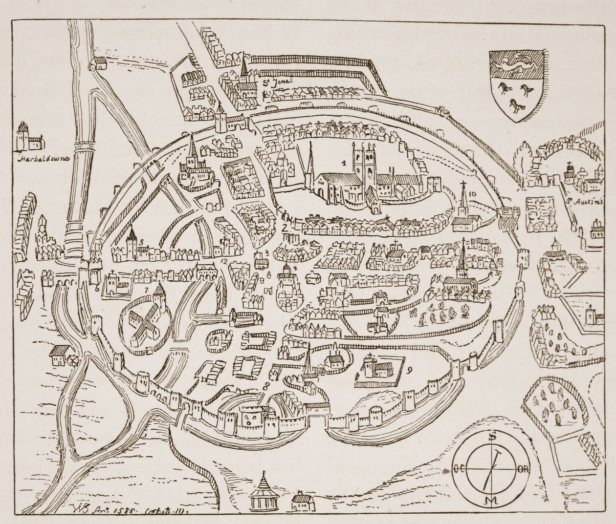 Veduta panoramica di Canterbury nel XVI secolo, illustrazione da The Church of England: A History for the People di H.D.M. Spence-Jones da English School