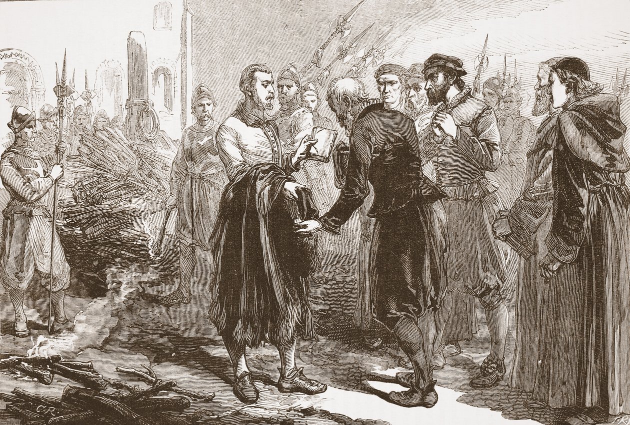 Separazione di Patrick Hamilton dai suoi amici al rogo, illustrazione da The History of Protestantism di James Aitken Wylie, pub. 1878 da English School