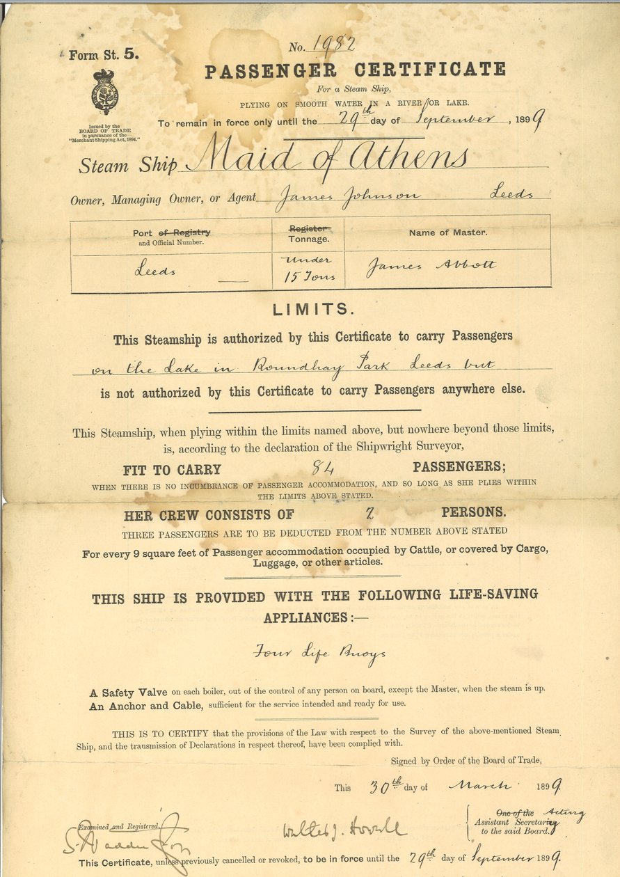 Certificato di passeggero per il piroscafo The Maid of Athens da English School