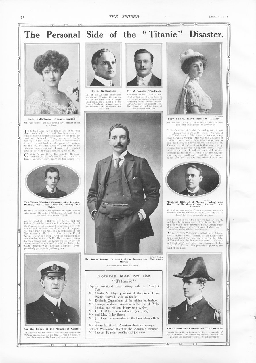 Passeggeri del RMS Titanic, fotografie e informazioni su persone note collegate al Titanic, da The Sphere, 27 aprile 1912 da English School