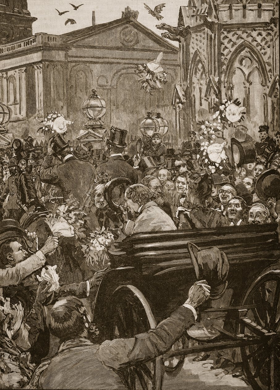 Pace con onore", ricevimento di Lord Beaconsfield e Lord Salisbury a Charing Cross, illustrazione da "Cassell