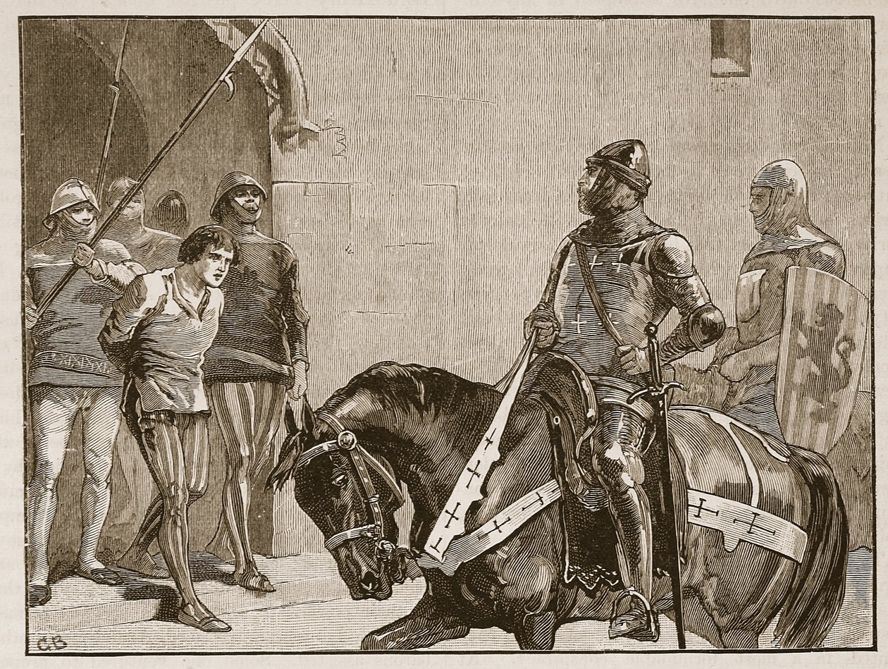Piers Gaveston davanti al conte di Warwick, illustrazione da Cassells Illustrated History of England da English School