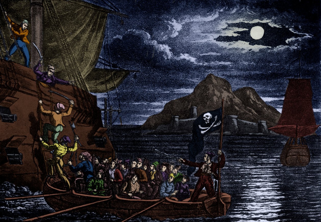 Pirati che abbordano una nave spagnola, Indie Occidentali, illustrazione da 