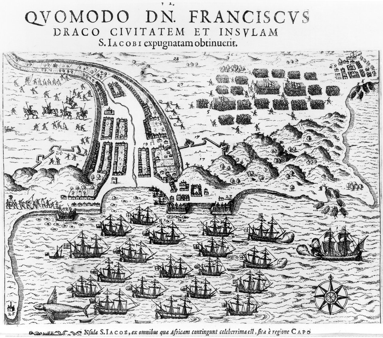 Piano che mostra come Francis Drake (c.1540-96) assaltò e tenne l