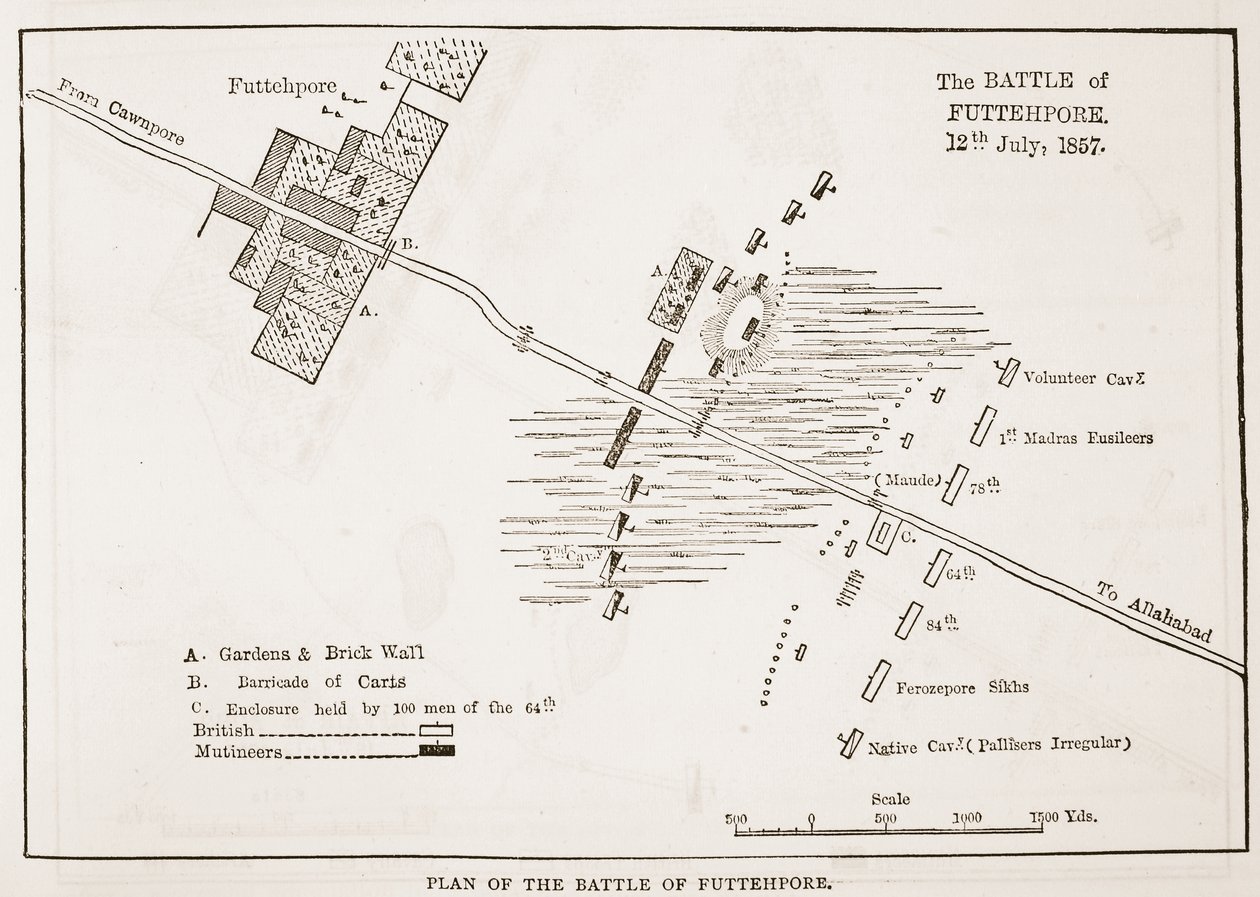 Piano della Battaglia di Futtehpore, 12 luglio 1857, da Cassells Illustrated History of England da English School
