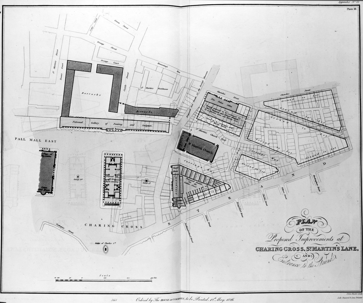 Piano delle proposte di miglioramento a Charing Cross, St. Martins Lane e ingresso allo Strand, inciso da James Basire, 1826 da English School
