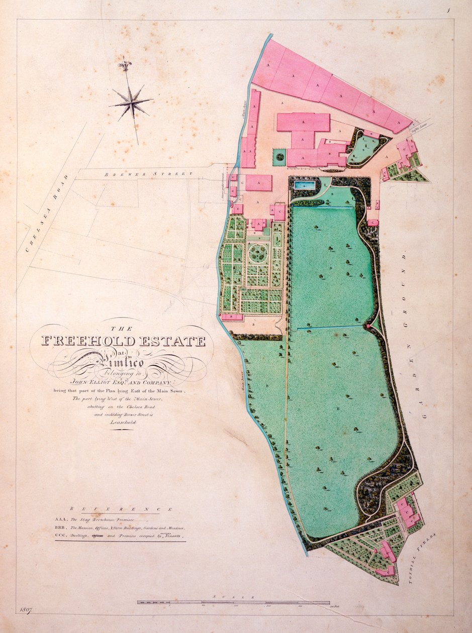 Piano dei locali e della tenuta della Stag Brewhouse, disegno manoscritto originale dagli uffici di George Saunders, c.1807 da English School