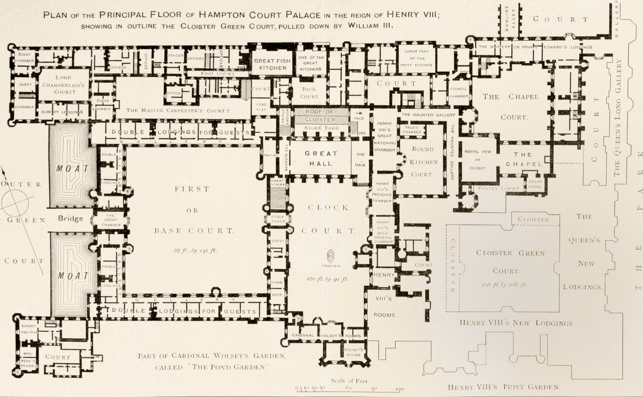 Piano principale di Hampton Court Palace durante il regno di Enrico VIII, da History of Hampton Court Palace in Tudor Times di Ernest Law, pubblicato a Londra nel 1885 da English School