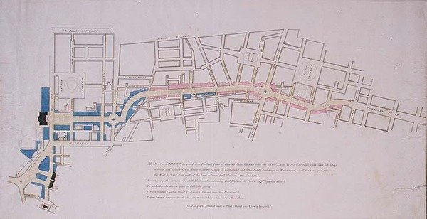 Piano presentato alla Camera dei Comuni di una strada proposta da Charing Cross a Portland Place, che conduce alla Crown Estate nel Marylebone Park da English School