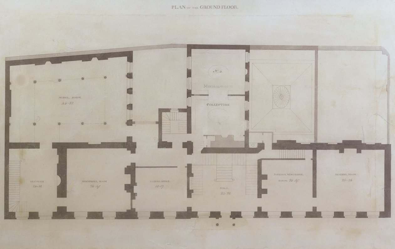 Piani del piano terra di 21 Albemarle Street dopo le prime modifiche alla casa dopo la sua acquisizione da parte della Royal Institution, c.1800 da English School